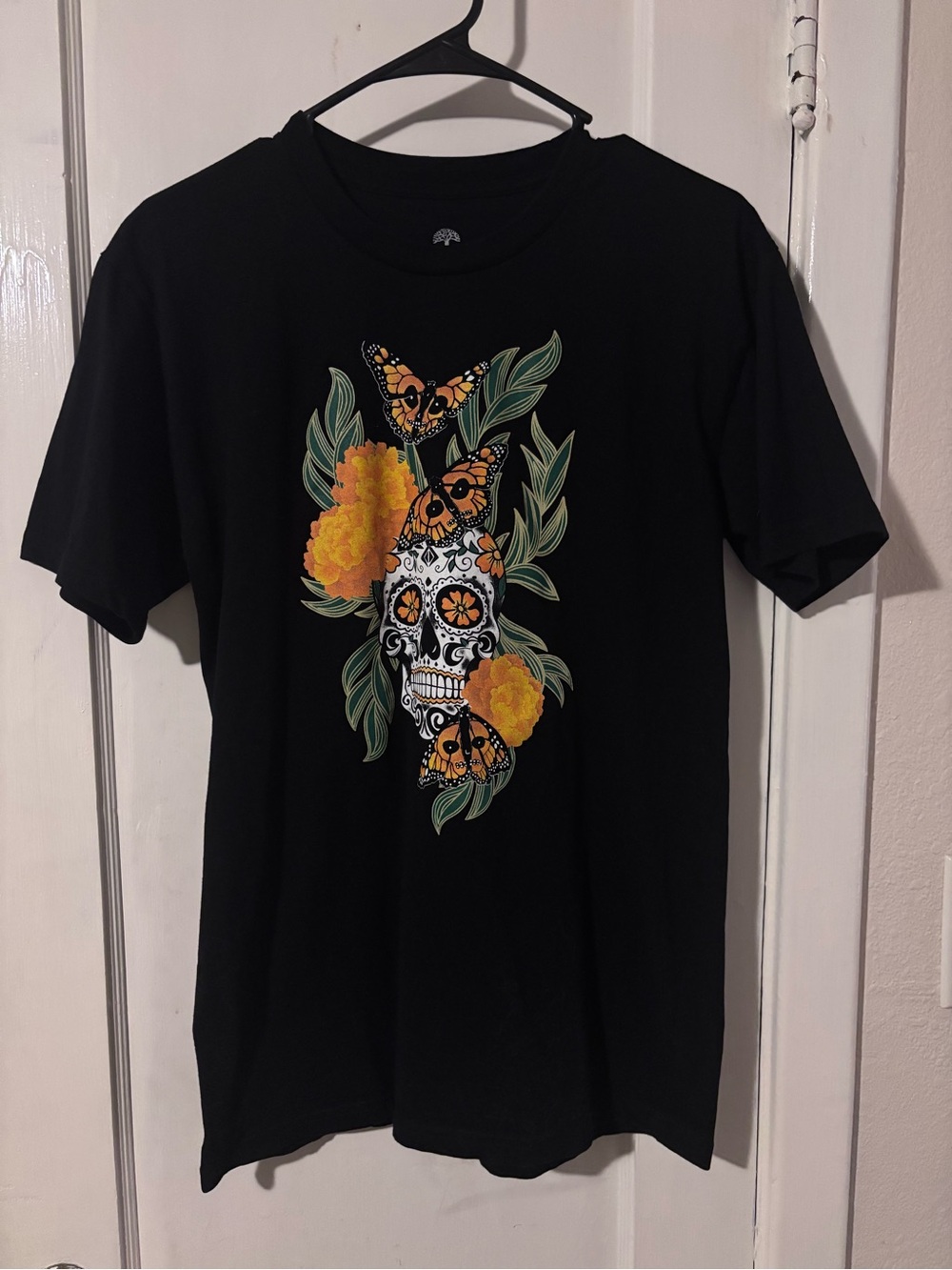 Men's Black Graphic Tee with Sugar Skull & Butterfly Design